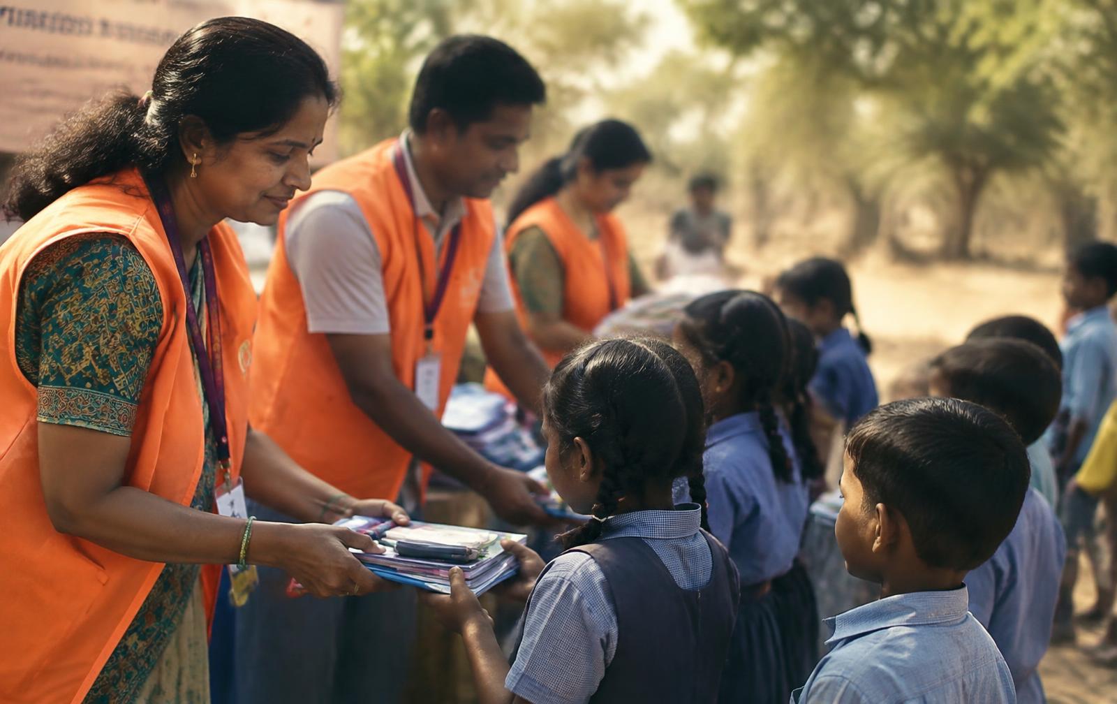 Volunteers handing out school supplies